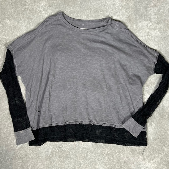 Free People Gray Long Sleeve Lace Tee Oversized - Picture 3 of 8